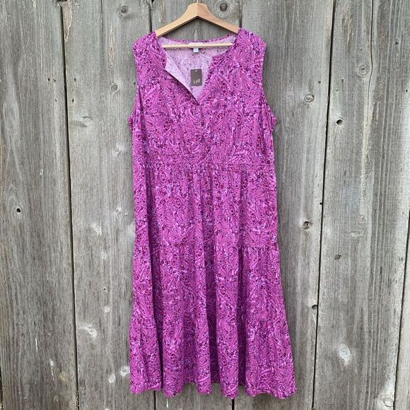 LIZ CLAIBORNE Dress 2XL Women’s Pink White Smocked Waist V Neck Maxi Summer - Picture 3 of 8